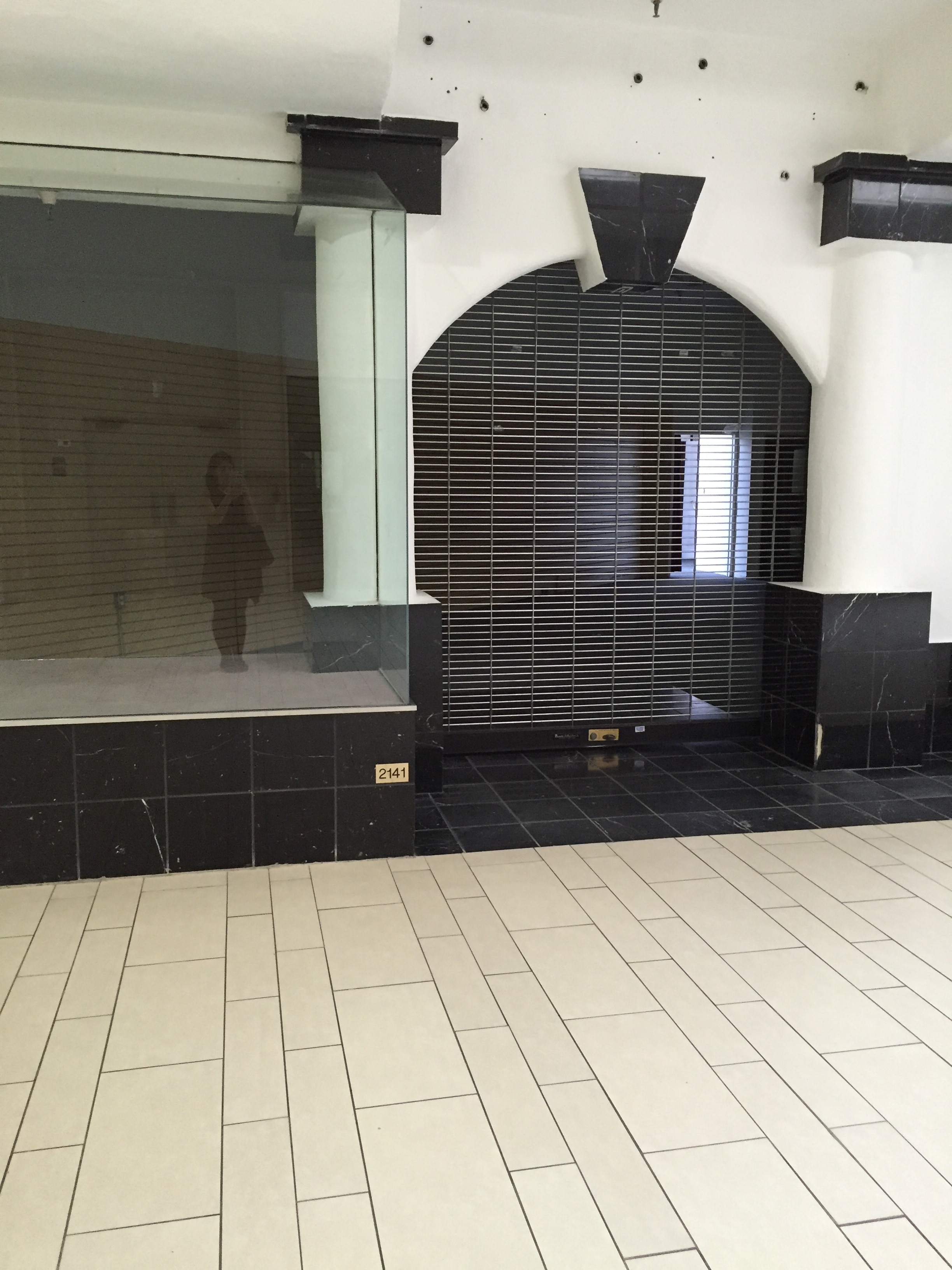 An abandonned storefront in Vallco Fashion Park features an arched doorway with a metal gate barring visitors from entering. Above the archway, a shiny faux-marble design. The photographer, a person in a flouncy frock, is silhouetted in the window panes.
