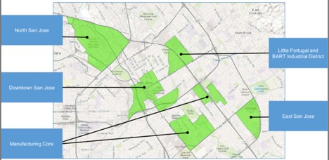 a greyscale map of san jose has 5 different highlighted chunks.  North San Jose, Downtown San jose, "Manufacturing Core", Little Portgual and BART Industrial District, and East San Jose.  Each highlighted part dentes what the city considers an opportunity zone. 