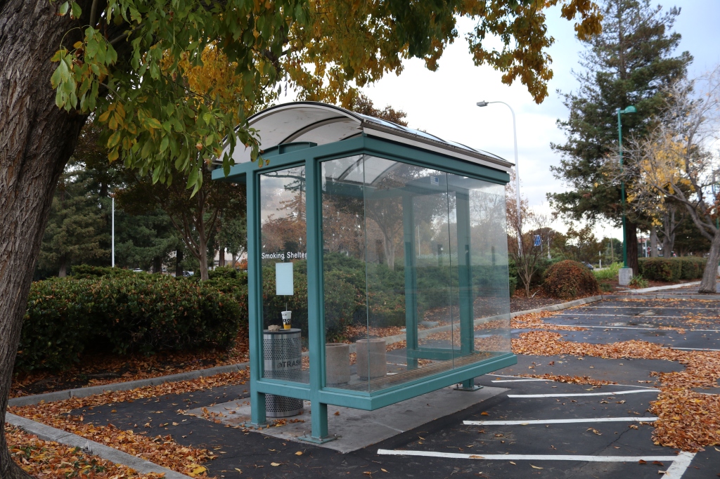 The image shows a smoking shelter in a parking lot.  The shelter looks like a bus shelter, it's plexiglass on three sides, with a dome roof and a wooden bench inside.  It has an overflowing trash can next to it, and is surrounded by a slick parking lot.  Leaves are littered on the ground. 